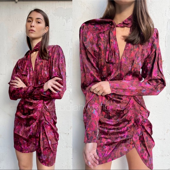 RONNY KOBO Scarlett Silk Floral Long Sleeve Ruched Mini Dress in Pink